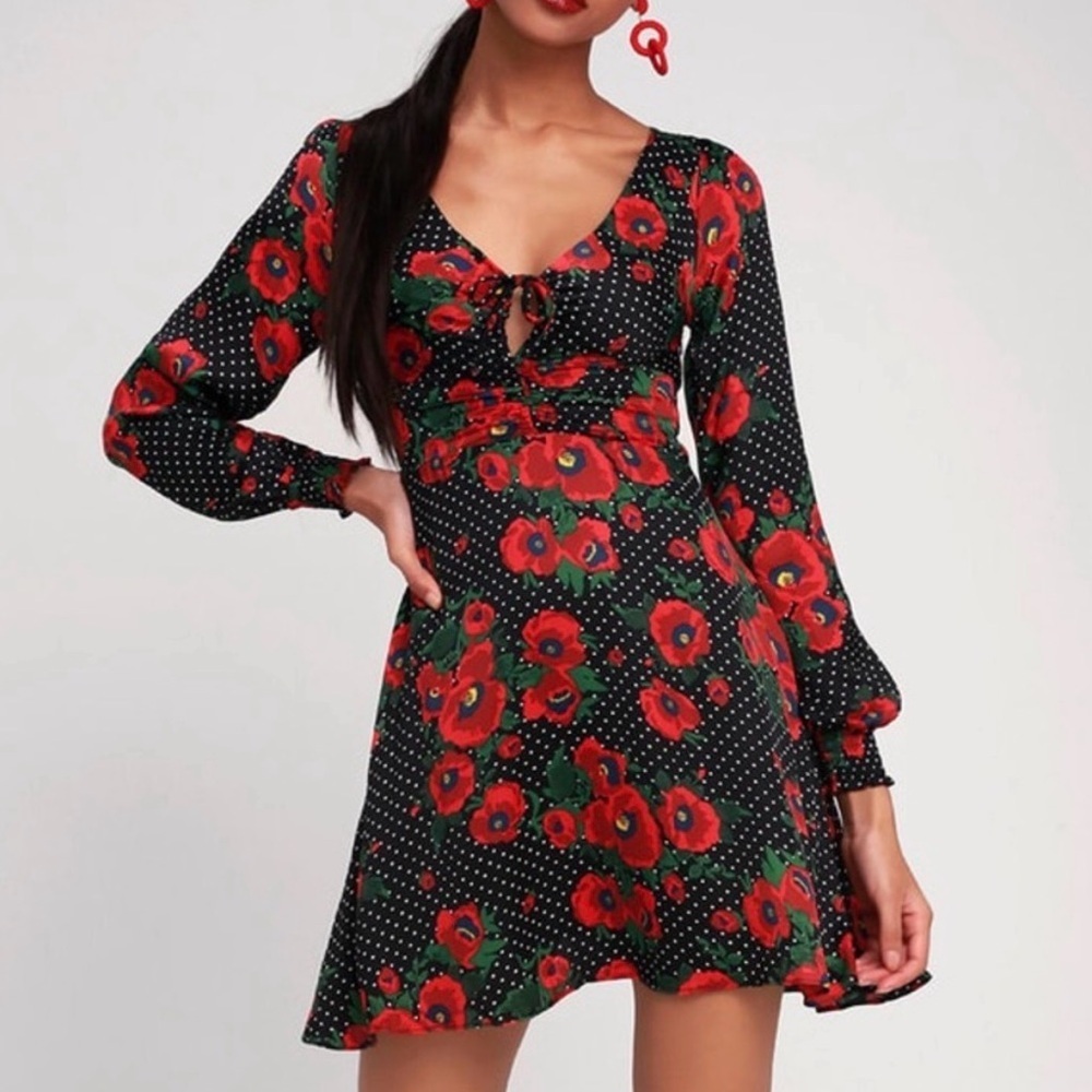 Free People Morning Light black/red poppy mini dress, size 4